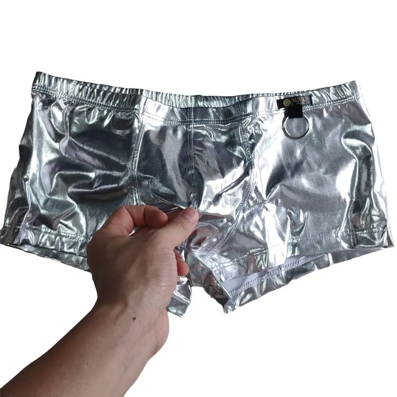 Sexy Men Faux Leather Cock Ring Boxer U Convex Pouch Shiny Boxers PU Sexy Underwear Sheathy Male Stage Gay Wear Plus Size F10