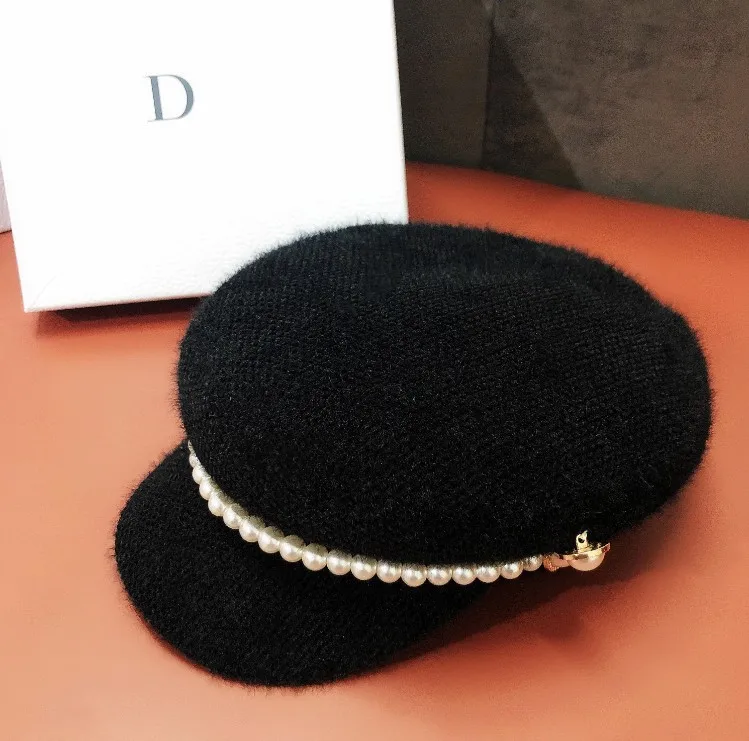 European White Black Fisherman Cap Elegant Vintage Mink Fur Warm Navy Cap Pearl Chain Casquette Cap Winter Warm Femme Beret Hat image 3