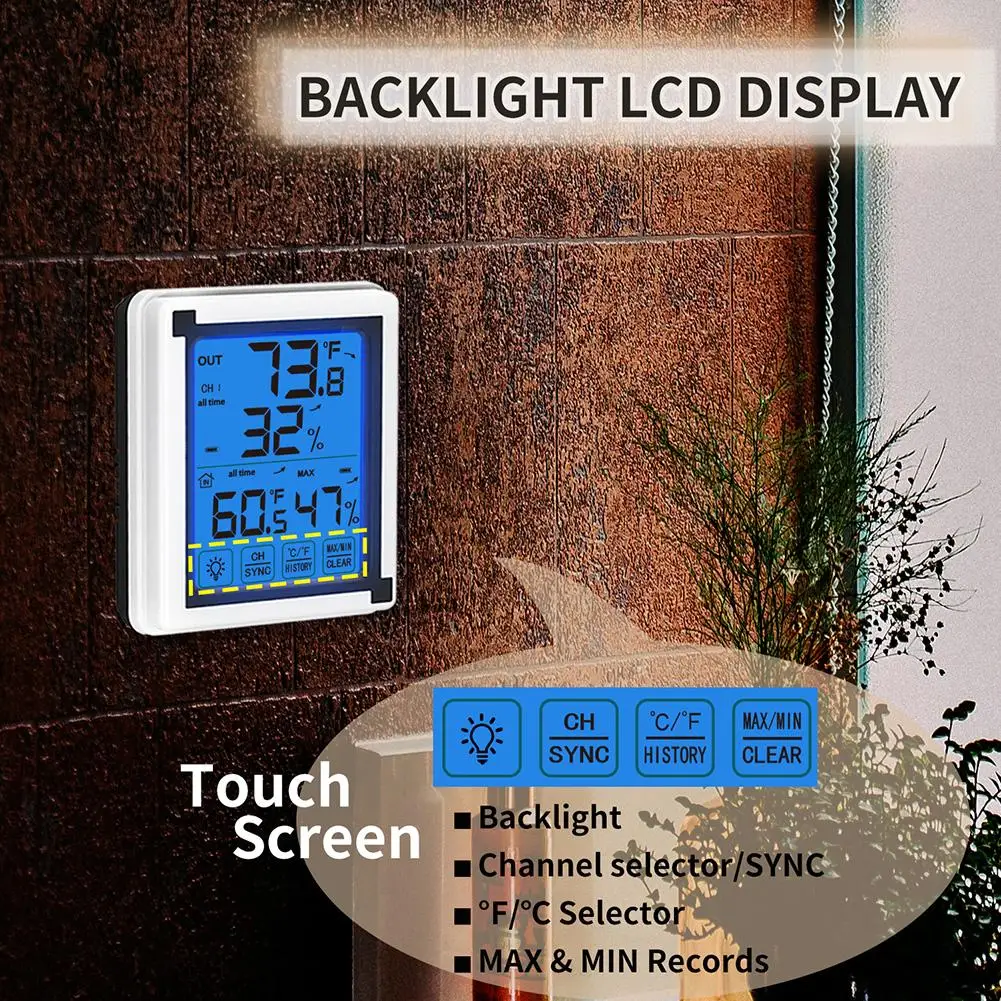 LCD Touch Digital Thermometer Vertical Wireless Color Weather Station With Indoor Outdoor Temperature Alerts