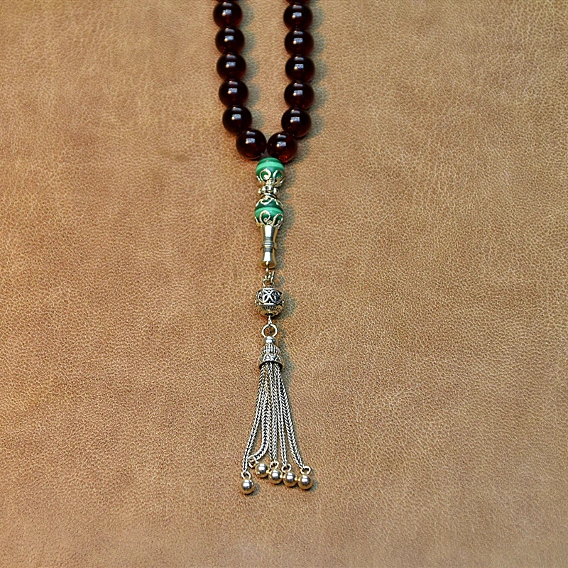 New 100% Natural Amber stone Maroon 9mm+ Beads Muslim Taisbyha Rosary 925 Silver Accessories Free Shipping