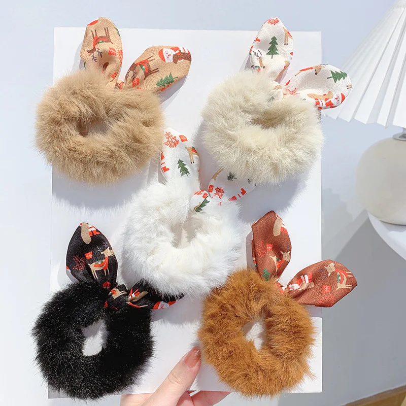 Christmas Print Cute Rabbit Ear Fluffy Faux Fur Scrunchie Girls Hair Bands Rubber Band Women Hair Rope Ties For Hair Accessories