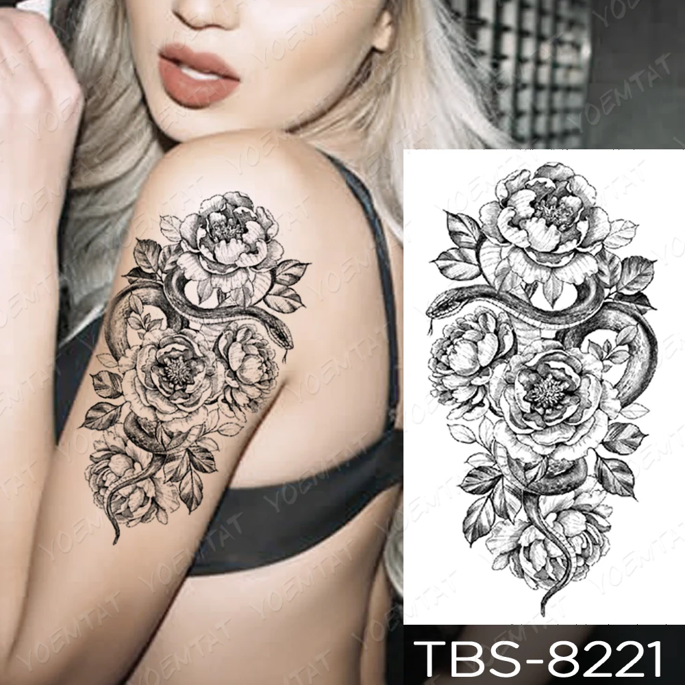 Flower Rose Peony Lace Skull Flash Tattoos Waterproof Temporary Tattoo Sticker  Snake Leaf Body Art Arm Fake Tatoo Women Men