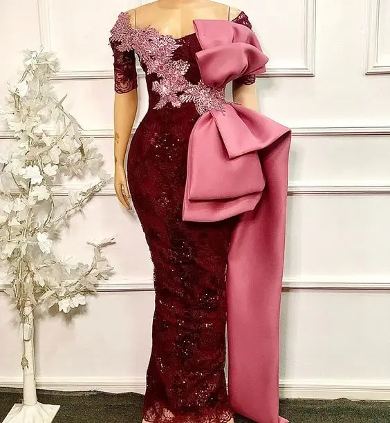 Borgonha renda applique mãe da noiva vestidos com arco grande aso ebi fora do ombro brilhante lantejoulas mãe vestido de ocasião