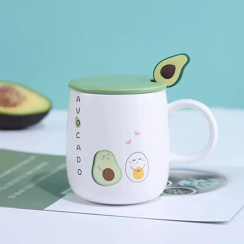 High Quality Creative Avocado Coffee Cup Ceramic Mugs Heat-Resistant With Lid 450ml Kids Office Home Useful Drinkware Gift