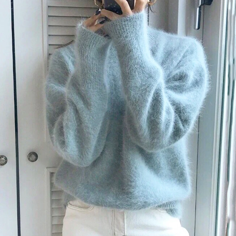 

JSXDHK High Quality Women Mink Cashmere Pullovers Korean New Autumn Winter Soft Warm Knitted O Neck Ladies Loose Sweater 6 Color