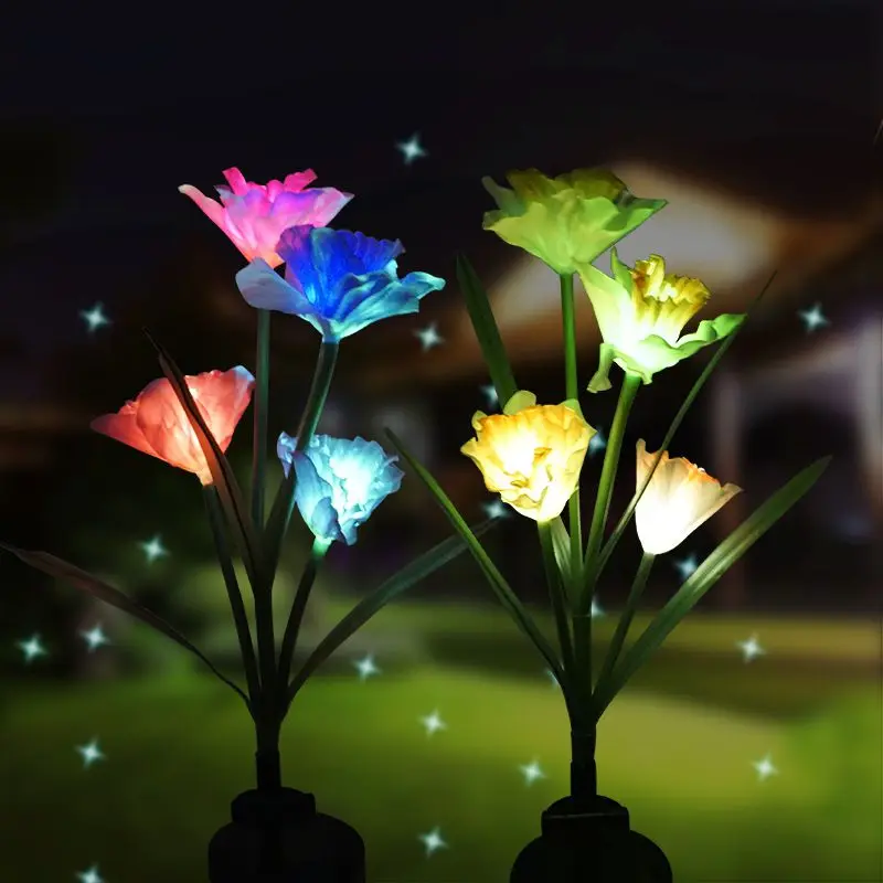 4 Heads Solar Flower Light White/Purple/Yellow Daffodil LED Light Garden Decorative Lawn Lamp RGB Changeable Landscape Lights