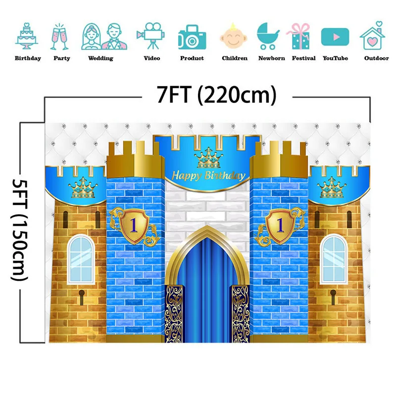 Happy 1st Birthday Backdrop Royal Blue Castle Decorations Photography Background Little Prince First Birthday Banner Backdrops