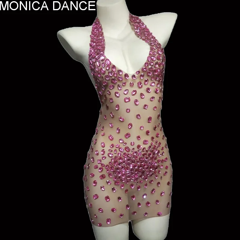 

Women Sexy Stage Pink Rhinestone Transparent Short Dress Dancer Prom Backless Halter Outfit Evening Birthday Celebrate Dress