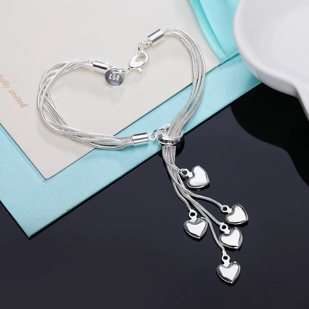 DOTEFFIL Bracciale a catena con serpente a cinque cuori in argento sterling 925 con nappa in oro per gioielli da donna per feste di fidanzamento e matrimonio