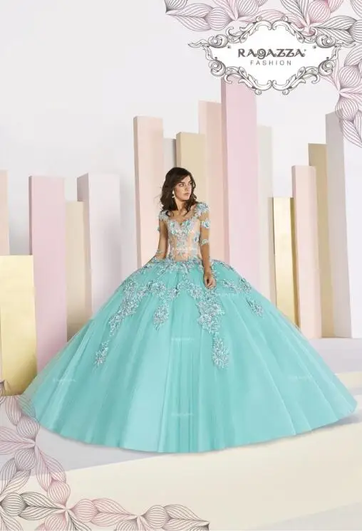 2020 luz azul vestido de baile masquerade quinceanera vestidos v pescoço rendas apliques trem varredura manga longa doce 16 vestidos de concurso