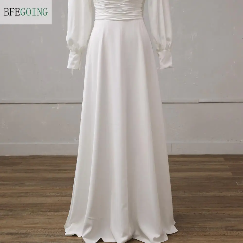 White Long Sleeves High Neck Bridal Gown Floor-Length A-Line Wedding Dress Custom Made