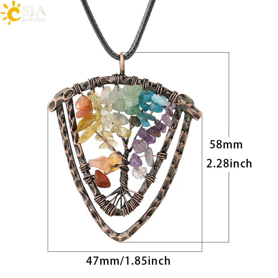 CSJA Handmade Natural Stone Pendants Necklaces for Men Tree of Life Wire Wrap Chip Beads Vintage 7 Chakra Crystal Jewelry G329