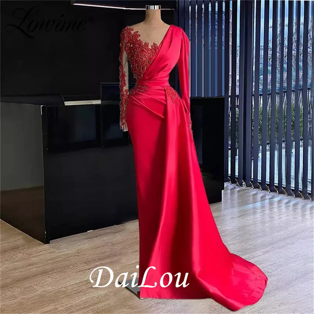 

Elegant Red Dubai Evening Dress for Women Wedding Party Gowns Long Sleeve V-Neck Beaded Overskirt Formal Prom Dresses 2021