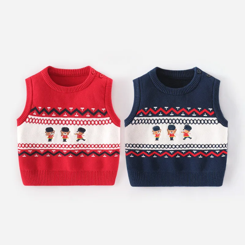 Toddler Boy Soldier Knitted Vest Tops Baby Cartoon Knitwear Children Embroidery Bear Sleeveless Knit Sweater Spring Baby Clothes