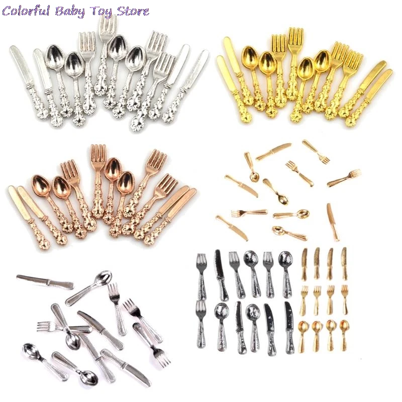 12Pcs 1:12 Mini Vintage Dollhouse Miniatures Tableware Cutlery Metal Gold Silver Knife Fork Spoon Kitchen Food Furniture Toys