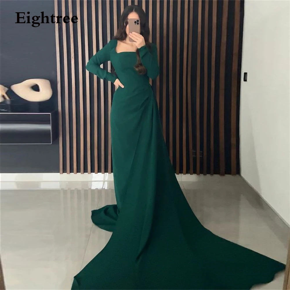 

Eightree Royal Green Long Sleeves Evening Party Dresses Mermaid Simple Strpless Long Prom Gowns Formal Night Dress Vestidos