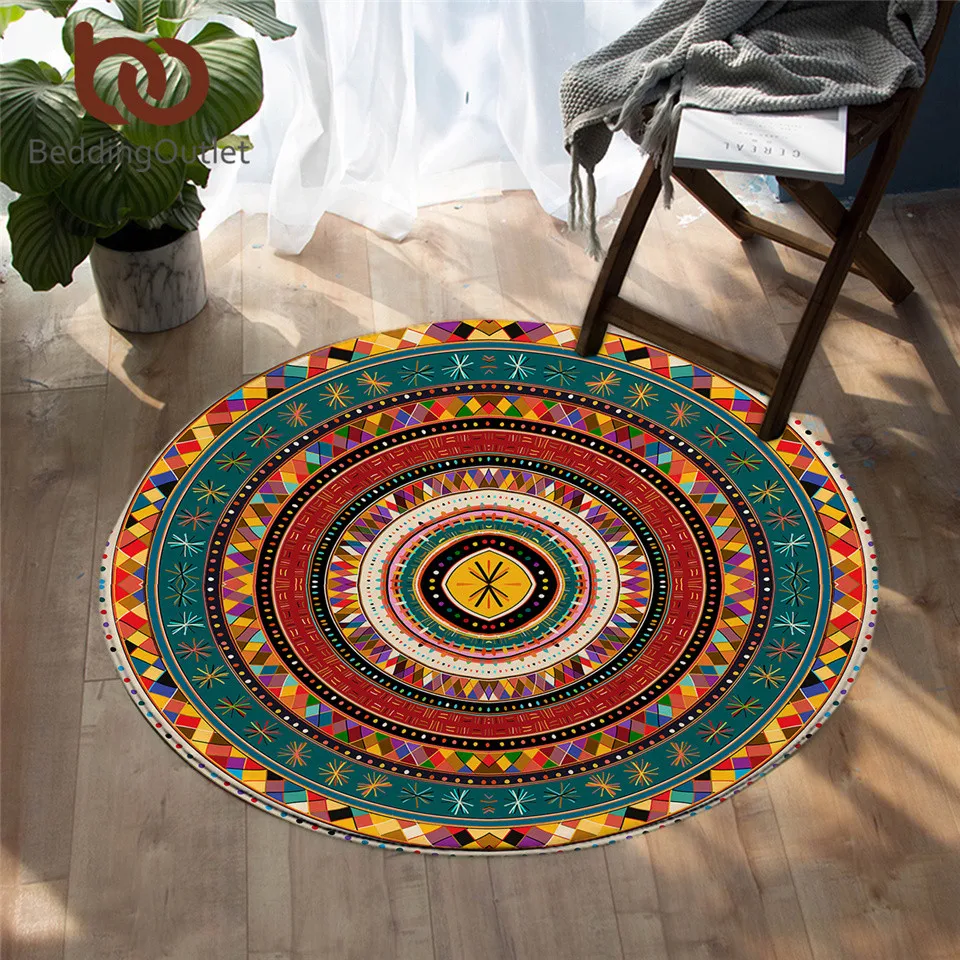 

BeddingOutlet Aztec Round Area Rug African Floor Mat Folkloric Tribe Circles Carpets for Living Room Ethnic Colorful Bedroom Rug