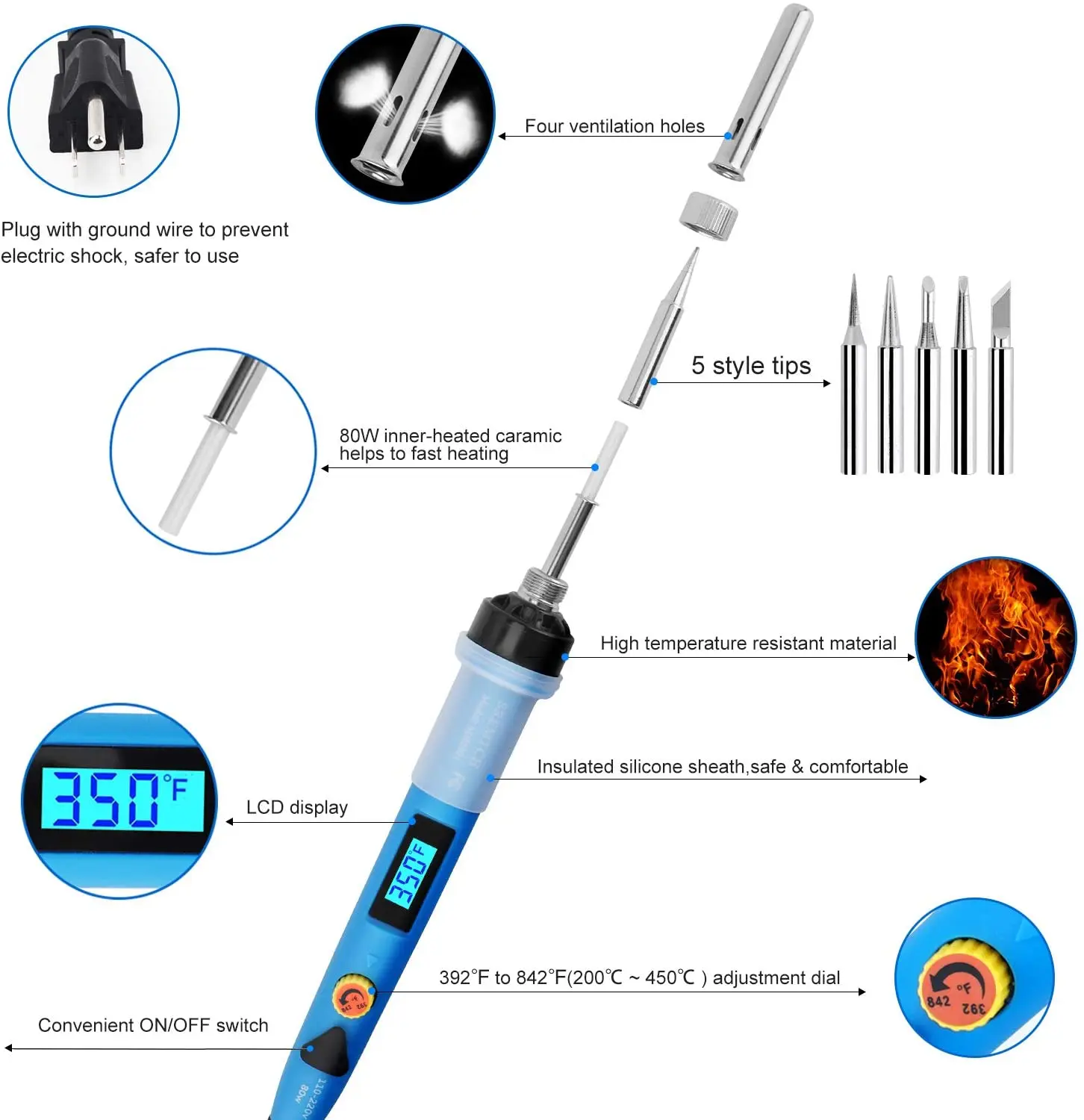 80W LCD Adjustable Temperature Soldering Iron Kit Stand Welding Irons Tool Wire