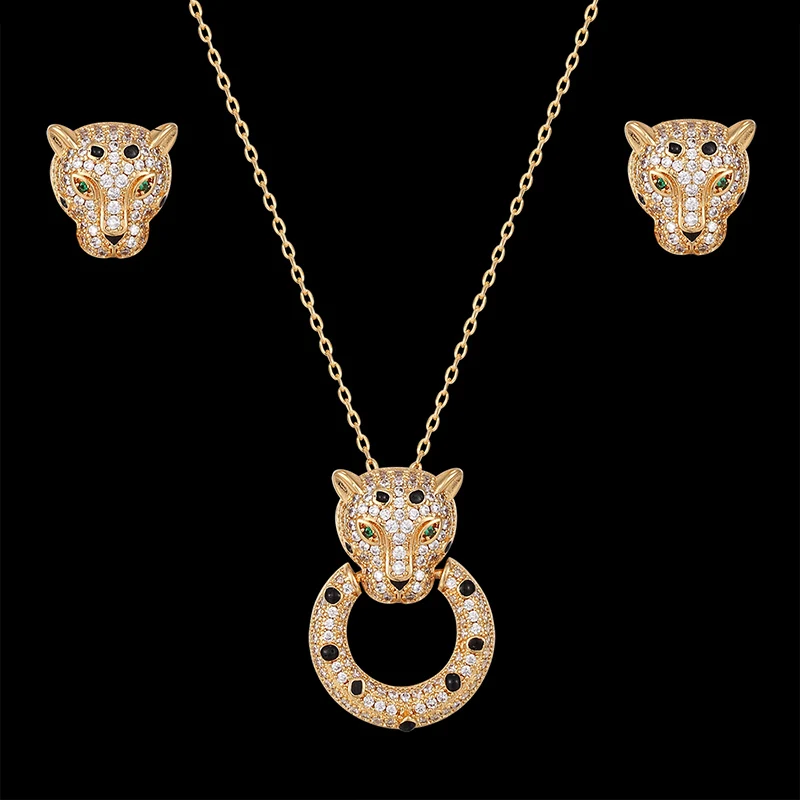 Lanruisha animal leopard bite ring pendant and Earring Jewelry Set with zircon micro inlay baked black lacquer fashion jewelry