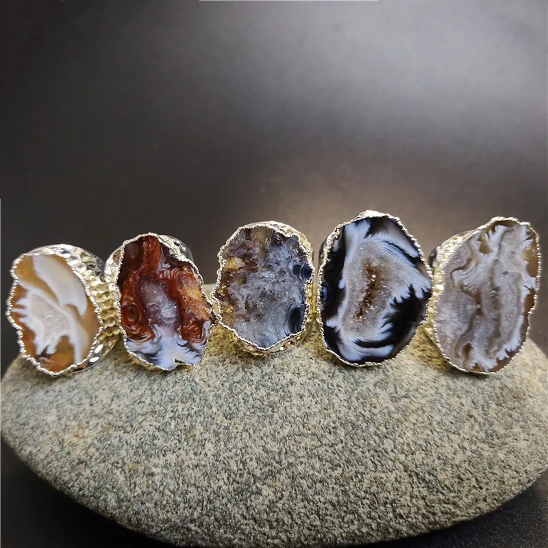 FUWO 5 Pieces/Lot Silver-Plated Natural Geode Ring,Amazing Design Onyx Druzy Stone Adjustable Rings Jewelry Wholesale  RG028