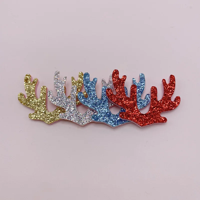 50Pcs/Lot 4*3.4CM Glitter Shiny Christmas Antler Padded Appliques For DIY Hair Clip Accessories And Headwear Decor Patches