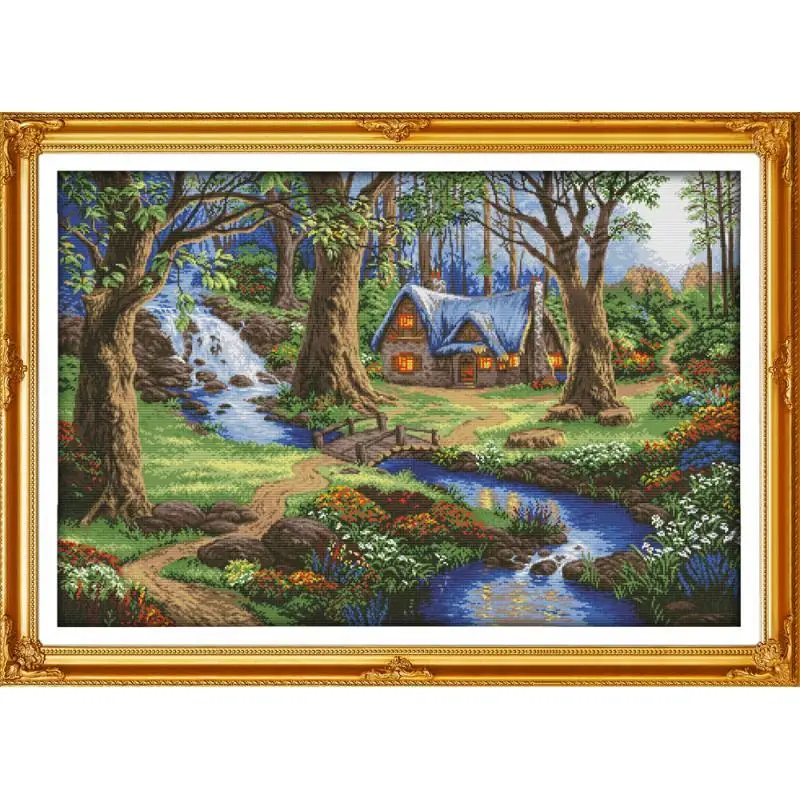 

Forest hut scenery pattern cross stitch kits 14CT 11CT count canvas printing embroidery set needlework home decoration painting