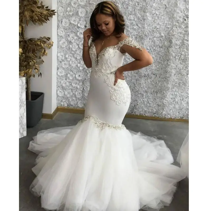 Mermaid Wedding Dresses Sexy Off-Shoulder Bridal Gowns Lace Appliques Beaded Court Train Chic African Backless Vestidos De Novia