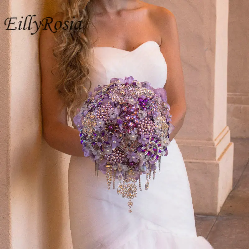 EillyRosia Blau Braut Bouquet Brosche Schmuck Perlen Kristalle Blütenblätter Lavendel Lila Hochzeit Bouquet Luxus Braut Zubehör