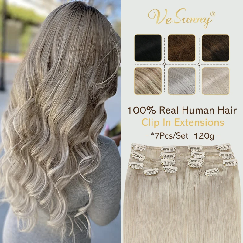 VeSunny Clip in Hair Extensions Human Hair Double Weft Machine Made Remy Wigs 7pcs Clip on Extensions Dark Brown Blonde 100gr