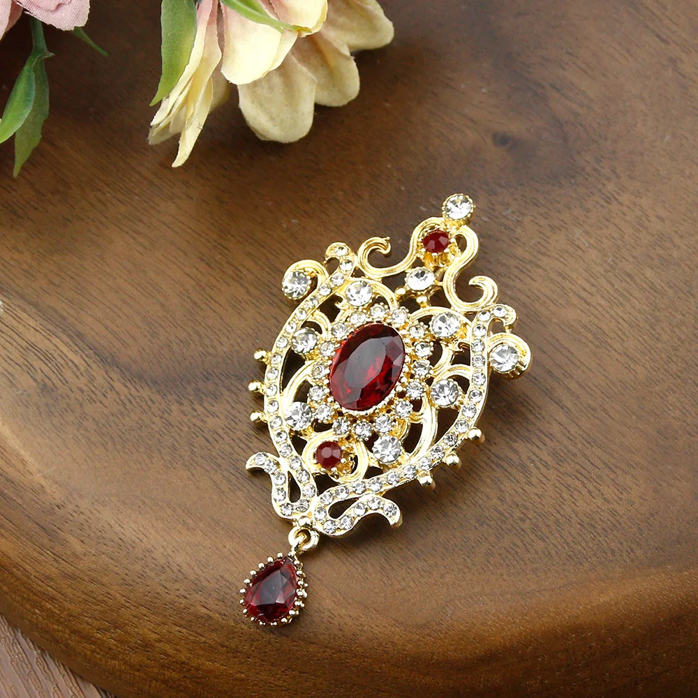 Sunspicems Gold Color Flower Women Brooch Pin Ethnic Crystal Wedding Jewelry Indian Arab Bridal Bijoux Morocco Caftan Brooches