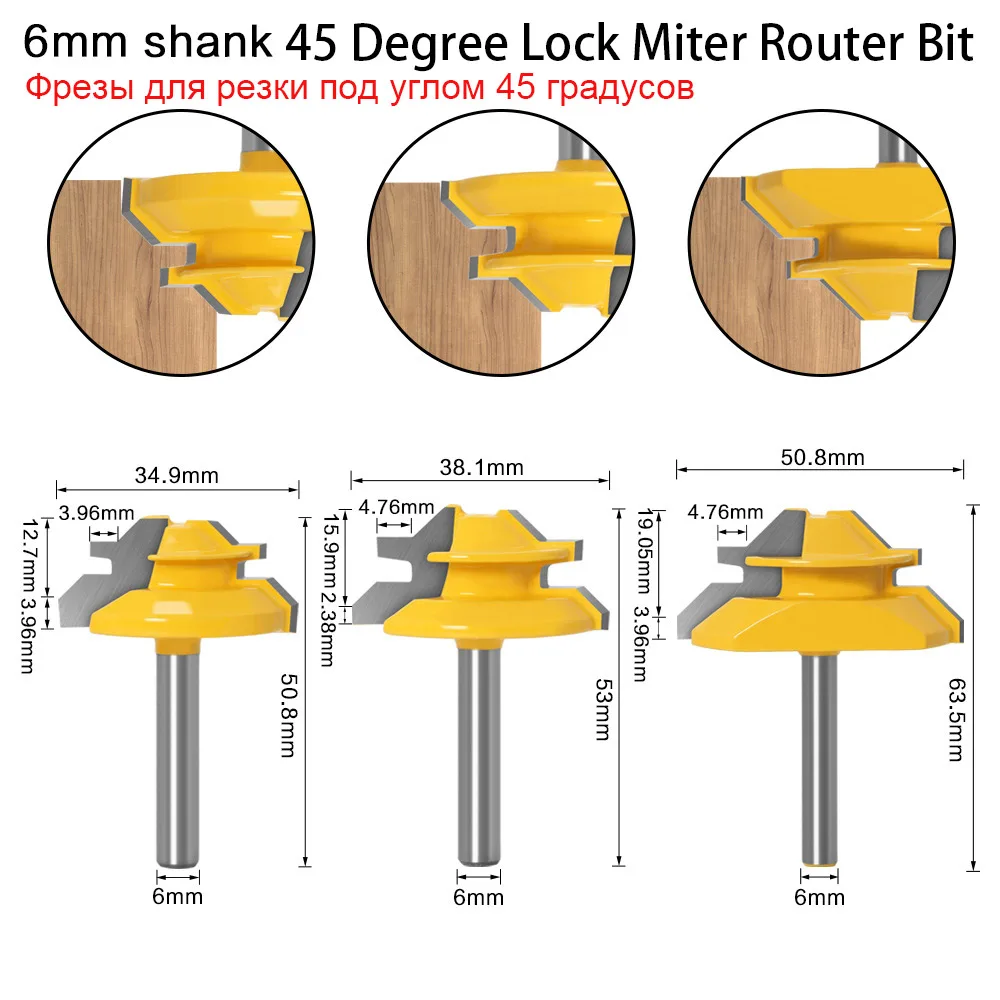 

1Pcs Tungsten Carbide 45 Degree Lock Miter Router Bit 6MM 1/4" Woodworking Tenon Milling Cutter Tools Drilling Milling For Wood