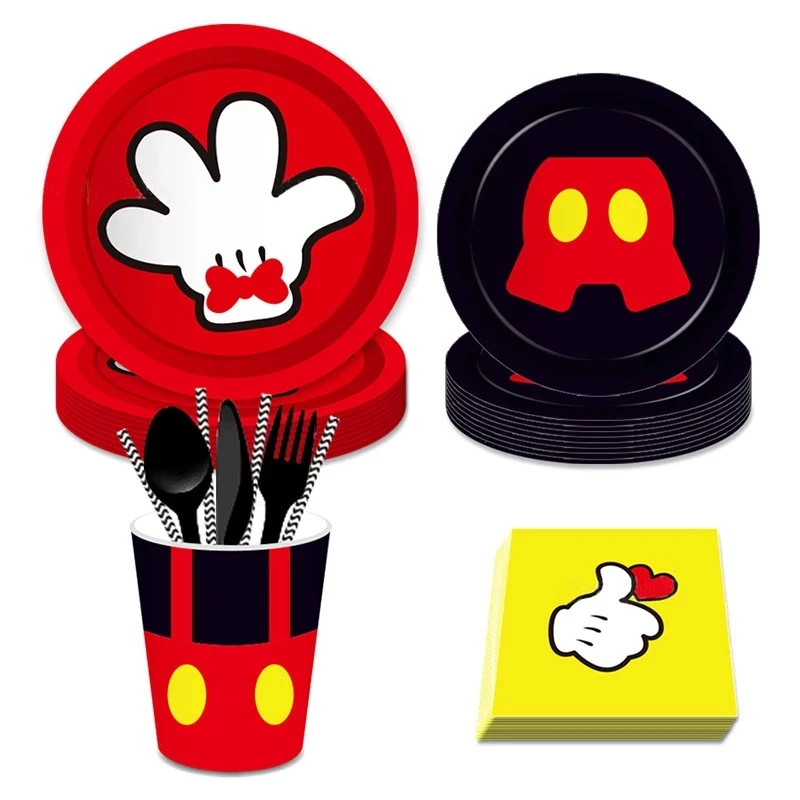 Bannière de fête à thème Mickey Mouse 8 personnes, assiette jetable, tasse de serviette, gâteau Toppers pour enfants, cadeaux de décoration de