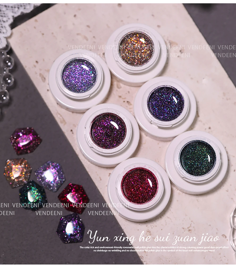 Vendeeni 6 Farben/Set Laser Glitter Broken Diamond Gel Nagellack UV Soak Off Gel Lack Superglänzender Gel-Lack für Nagelkunst – Detail 3