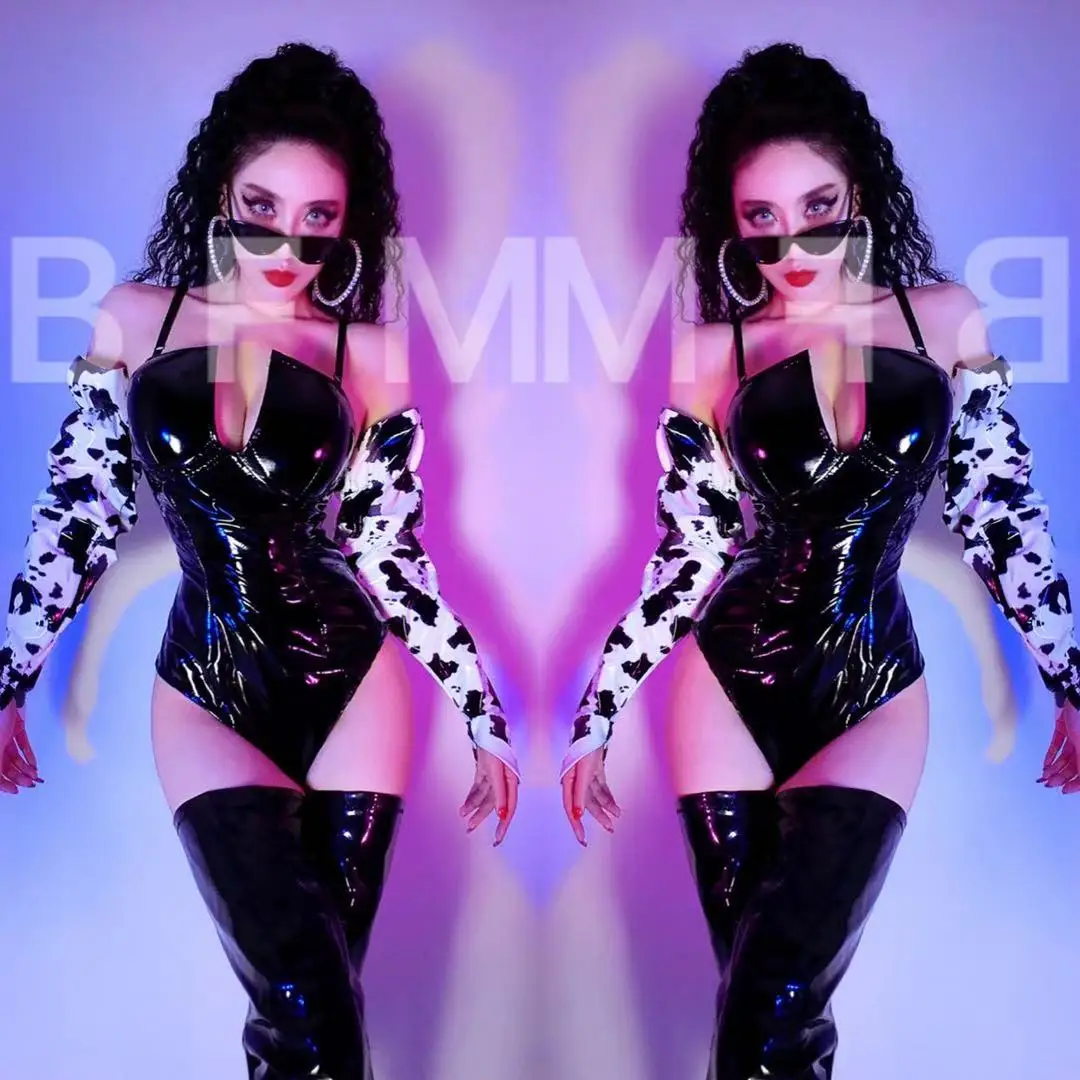 Trajes de baile para discoteca para mujer, DJ, cantante, Sexy, Bar, club nocturno, ropa de escenario, mono con tirantes de cuero PU negro, guantes, traje de espectáculo de bailarina