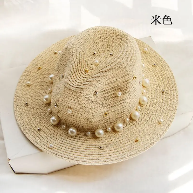 New Spring Summer Hats For Women Flower Beads Wide Brimmed Jazz Panama Hat Sun Visor Beach Hat Flower Pearl rivet Straw Hat