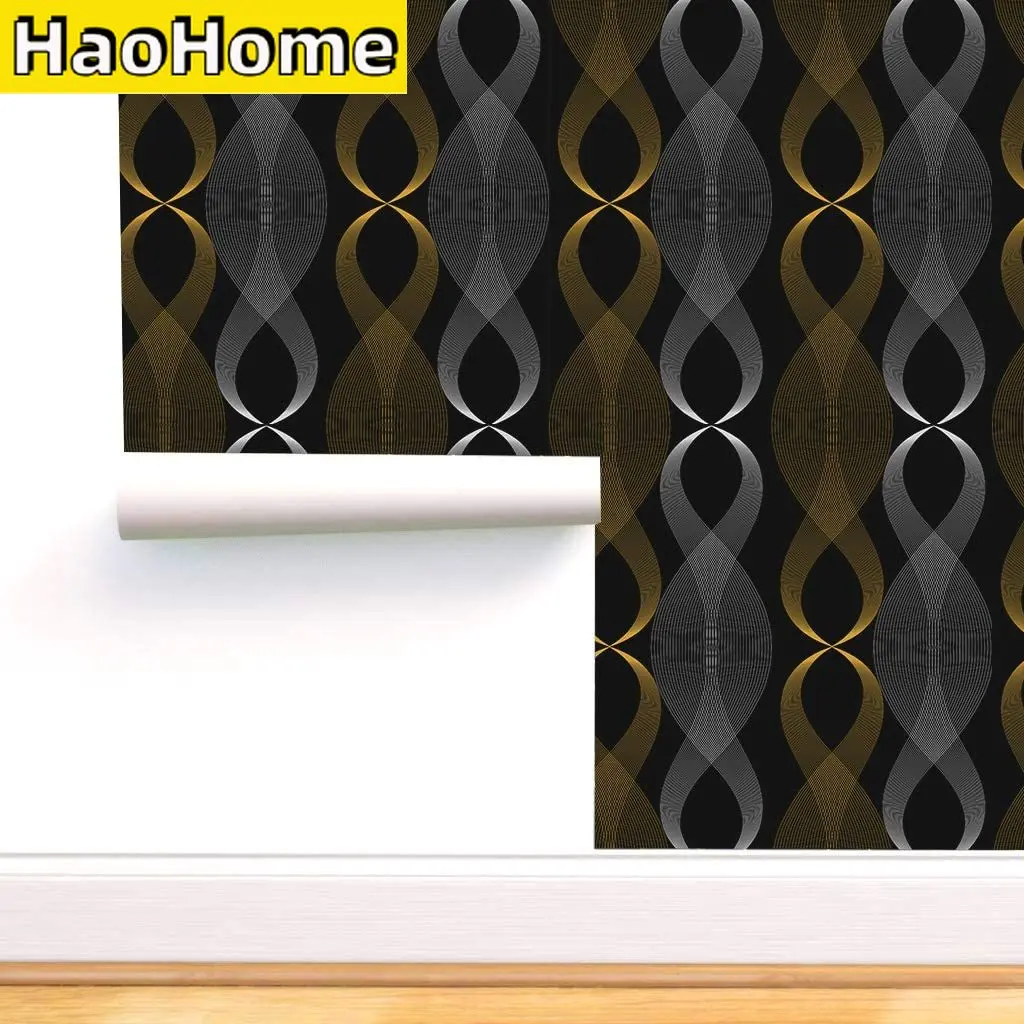 HaoHome Black Self Adhesive Wallpaper Geometric Figure Peel and Stick Wallpaper Modern Stripe Silver & Gold Furniture Renovation