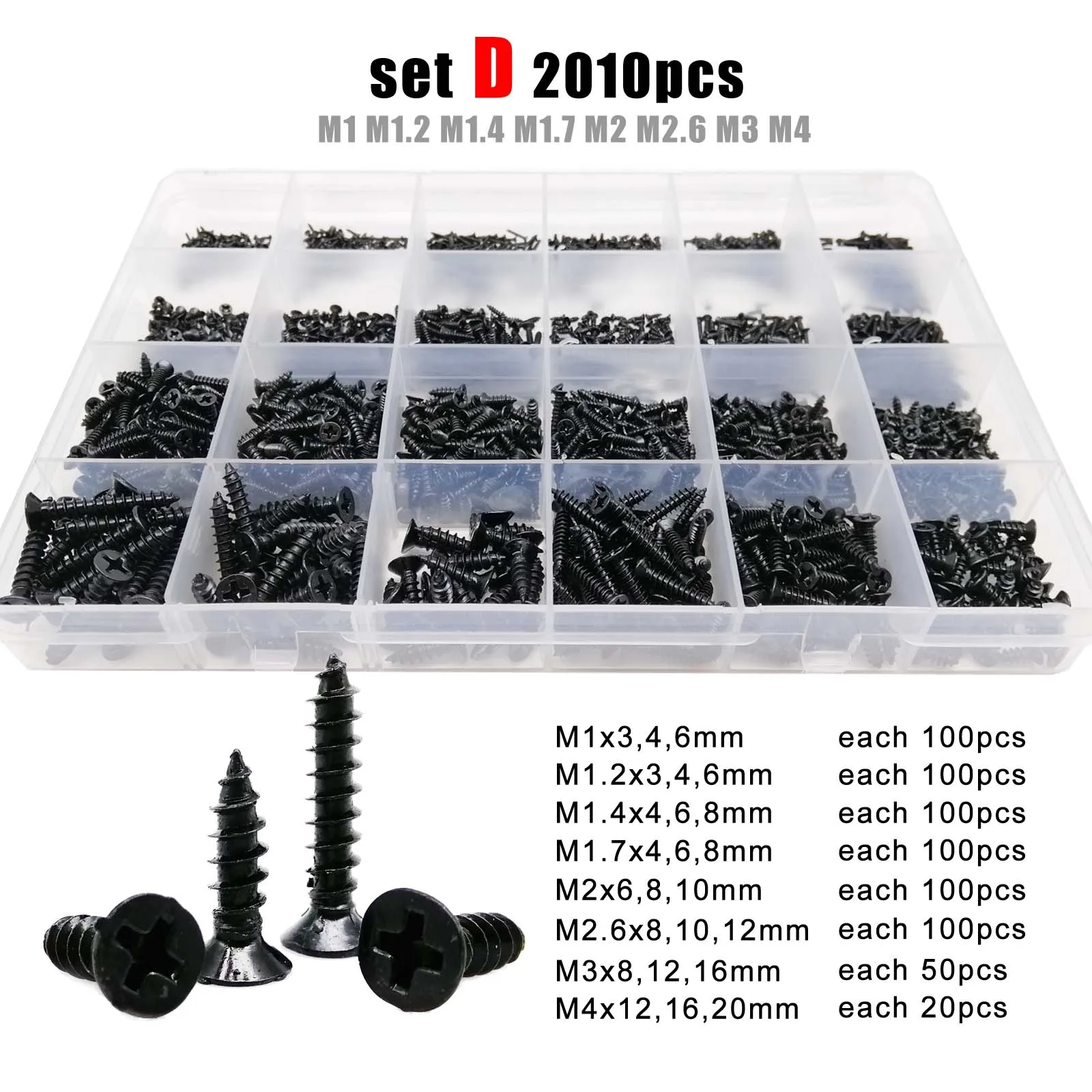 700/2010 Stuks M1 M1.2 M1.4 M1.7 M2 M4 Zwarte Mini Micro Cross Phillips Platte Verzonken Kop Zelftappende Houten Schroef Set Box