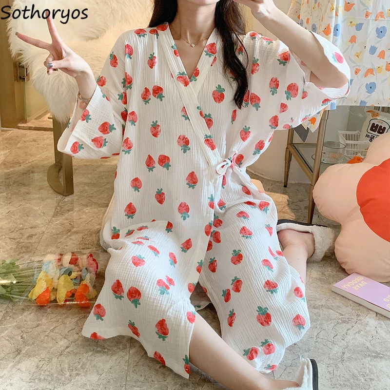 

Women Robes Print Long Sleeve Mid-calf Sleepwear Elegant Gentle Cozy Retro Sweet Lovely Loose Casual Cotton Soft Ulzzang Teens