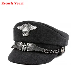 Eagle Military Cap For Man Women Flat Top Korean Trends Mark Silver Chain Punk Locomotive Casquette Male Woolen Street Hats