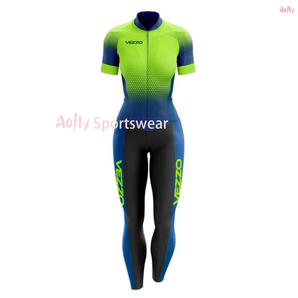 Vezzo Women's Cycling Jumpsuit Short Sleeve Long Pants Female Bike Clothes Little Monkey For Cyclist Summer Triathlon Equipment