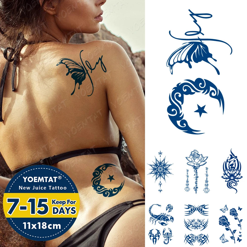 Juice Ink Lasting Waterproof Temporary Tattoo Sticker Butterfly Moth Moon Star Flash Tattoos Woman Arm Body Art Fake Tatto Men