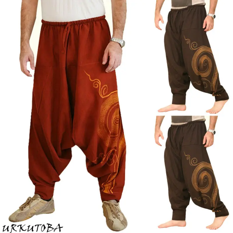 Pantaloni Harem Hippie Aladdin Baggy pantaloni Casual da uomo indiani Hip-hop uomo zingaro lino in cotone pantaloni larghi a gamba larga Vintage