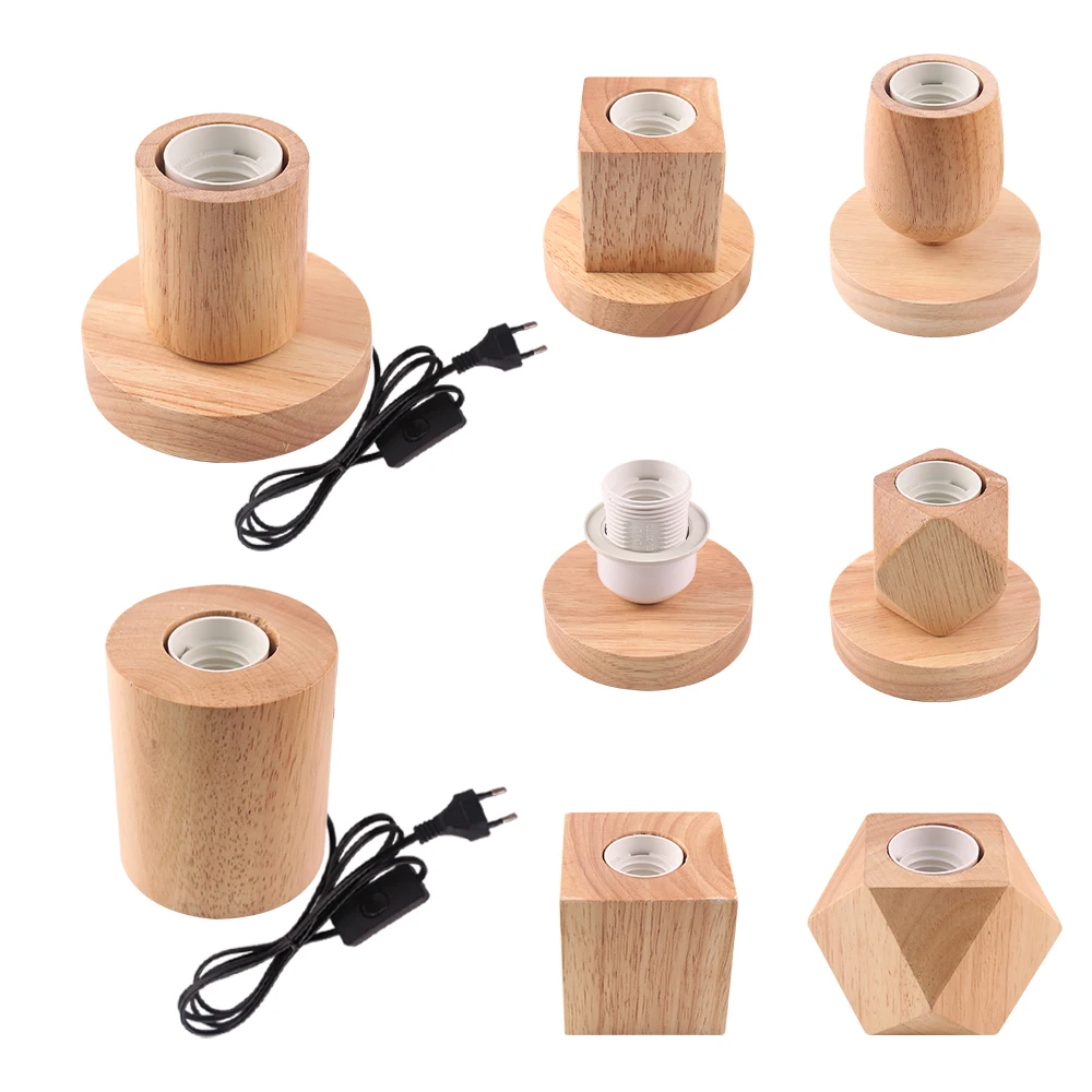 Vintage Table Lamp Base E27 Socket Wooden Beside Desk Lamp Holder EU Plug Retro Wood Decoration Table Lamp for Living Room Hotel