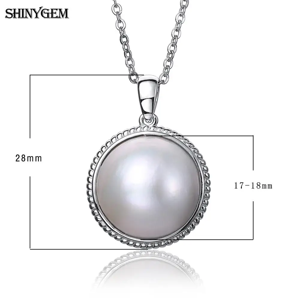 ShinyGem Classic Sea Water Pearl Necklace For Women White/Blue 17-18mm Big Mabe Pearl Pendant Necklaces 925 Silver Long Chain