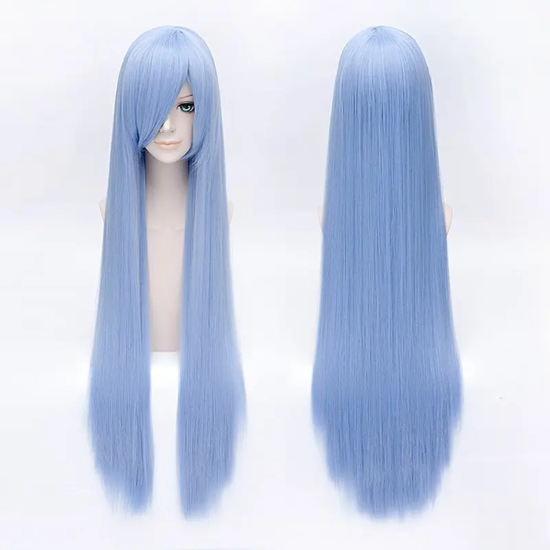 Qqxcaiw Wanita Pria Panjang Lurus Wig Cosplay Pesta Light Blue 40 ''100 Cm Tahan Panas Wig Rambut Sintetis