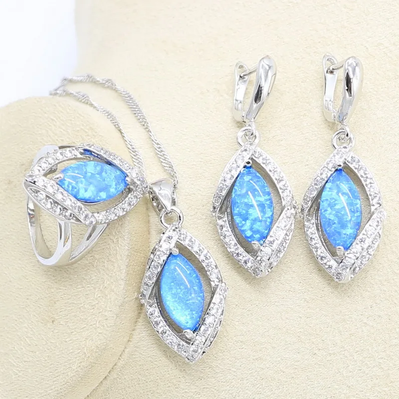 Blue Fire Opal Earrings Necklace Pendant Ring Silver 925 Wedding Jewelry Set for Women Light Blue Crystal Bracelet Gift