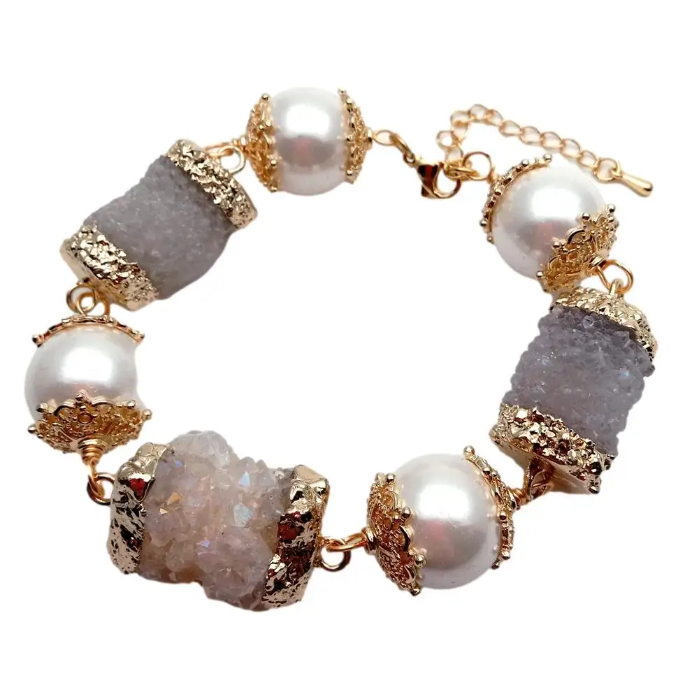 

Y·YING Natural White Quartz Druzy Stone White Sea Shell Pearl Bracelet 8" Women Gift