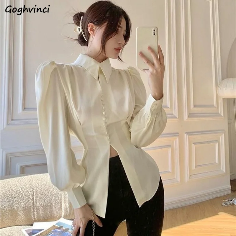 Shirts Women Vintage Fashion Design Puff Sleeve Sexy Split Spring Autumn Harajuku Elegant Office Lady Casual Tunic College Retro