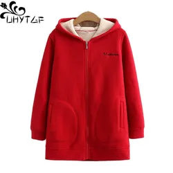 UHYTGF Womens Spring Autumn Coat Polar Fleece Hooded Casual Mother Warm Jacket Mid-Length 5XL Loose Size Outerwear Chaquetas1912