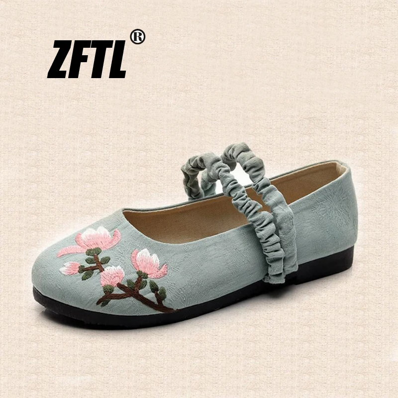 ZFTL New women Chinese clothing shoes Retro Cotton and linen embroidery female jelly shoes woman  Loafers  Peas shoes 2023